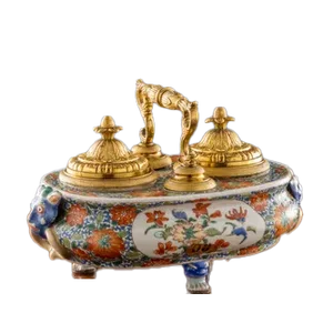 Antique Regency Inkwell in Gilded Bronze & Porcelain, England