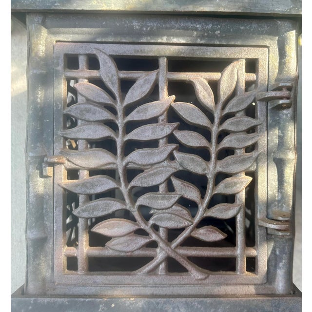1900 - 1909 Pair of Antique Asian Large Cast Iron Bamboo & Leaf Motif Lanterns For Sale - Image 5 of 11