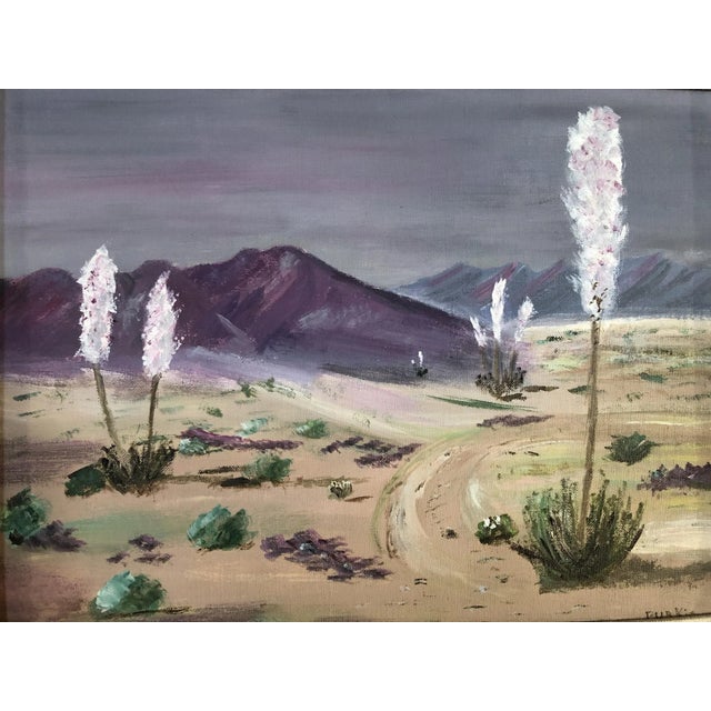 Original Mid-century artwork oil on board of desert scenic signed Purkis in its original Syroco wood frame. Size: 20" X 24"