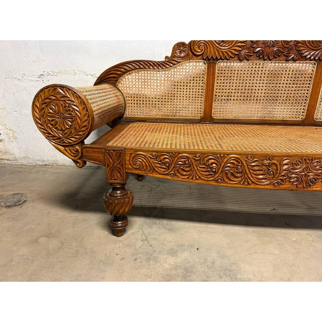 Vintage British Colonial West Indies Cedrela and Caned Settee Sofa For Sale - Image 4 of 17