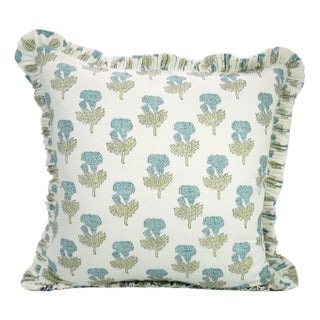 Fabdivine Artisan Block Print Throw Frill Pillow Cover Blue 12x20 Inch Thick Cotton White- Manmohan For Sale