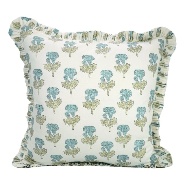 Fabdivine Artisan Block Print Throw Frill Pillow Cover Blue 12x20 Inch Thick Cotton White- Manmohan For Sale