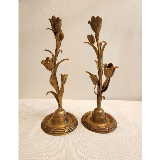 Late 19th Century Late 19th Century Art Nouveau Brass Tulip Candle Holders - A Pair For Sale - Image 5 of 10