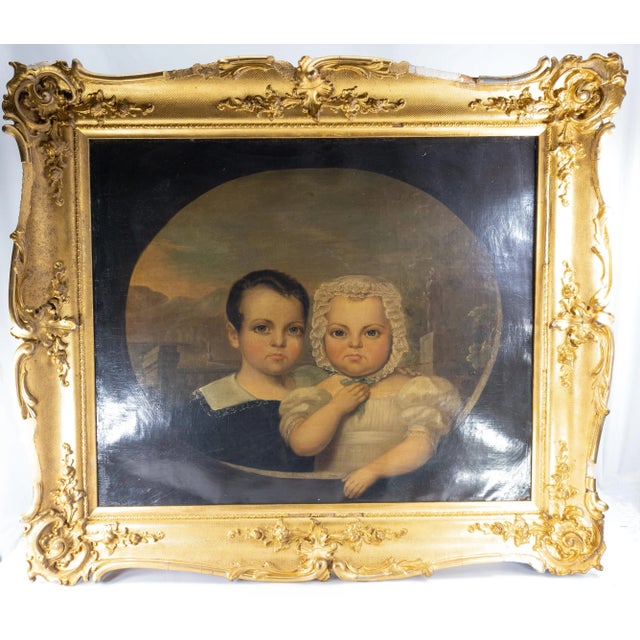 American Folk Art Americana Portrait Painting of Brother and Sister For Sale - Image 12 of 12