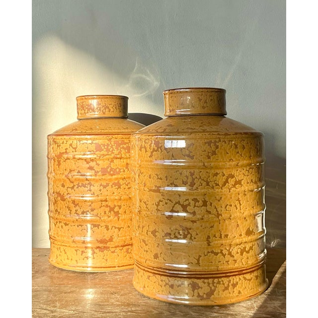 Goldenrod Vintage Glazed Ceramic Ribbed Lidded Urns - A Pair For Sale - Image 8 of 12