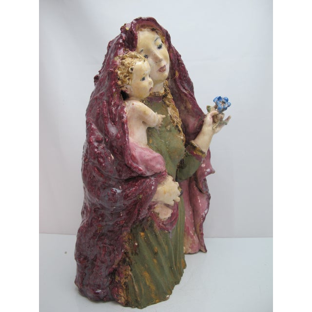 Susi Singer Terracotta Madonna With Blue Flower & Child 1951 Statue For Sale - Image 13 of 18