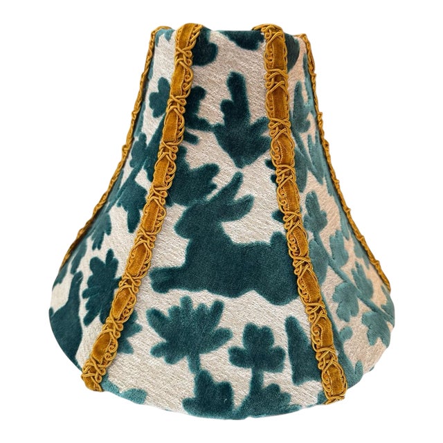 Custom Teal Velvet Bunny Lampshade in Covington “Luv Bunny” Fabric With Gold Trim For Sale