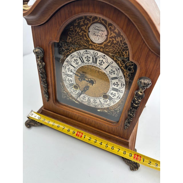 Vintage Tempus Fugit Table Clock in Wooden Case with Brass Details For Sale - Image 15 of 17