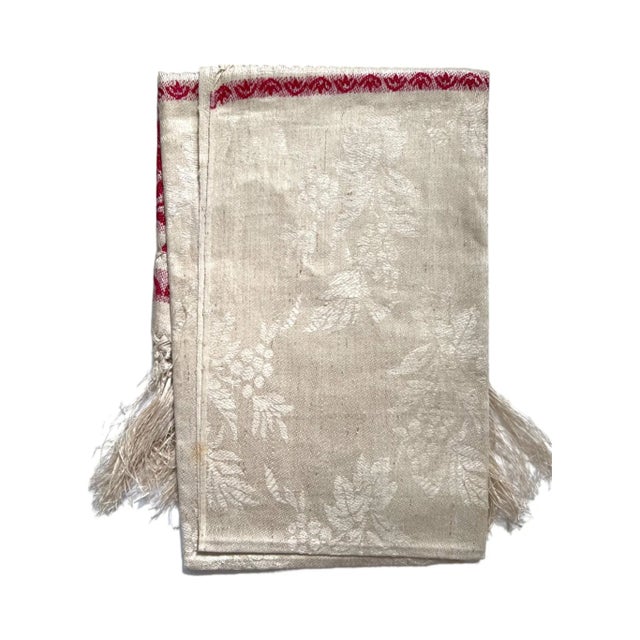 Victorian Turkey Red and Natural Linen Damask Fringed Table Runner Textile For Sale - Image 4 of 7
