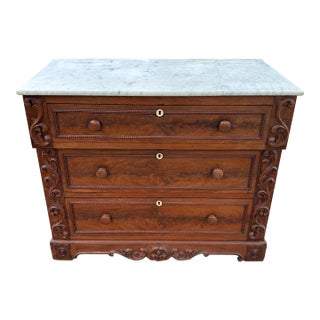 19th Century American Flame Mahogany Veneer Marble Top Commode Chest For Sale