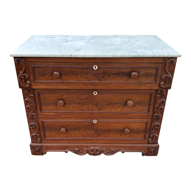19th Century American Flame Mahogany Veneer Marble Top Commode Chest For Sale