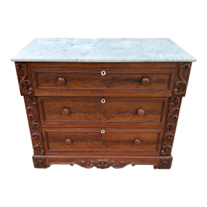 19th Century American Flame Mahogany Veneer Marble Top Commode Chest