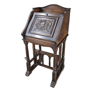 Antique Oak Secretary/Bureau/Lecturn With Carved Front Fall on Turned Leg Base For Sale