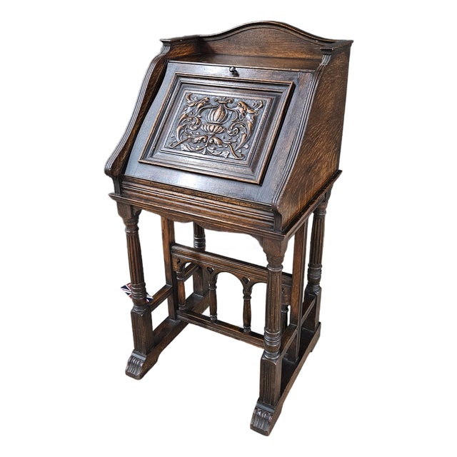 Antique Oak Secretary/Bureau/Lecturn With Carved Front Fall on Turned Leg Base For Sale