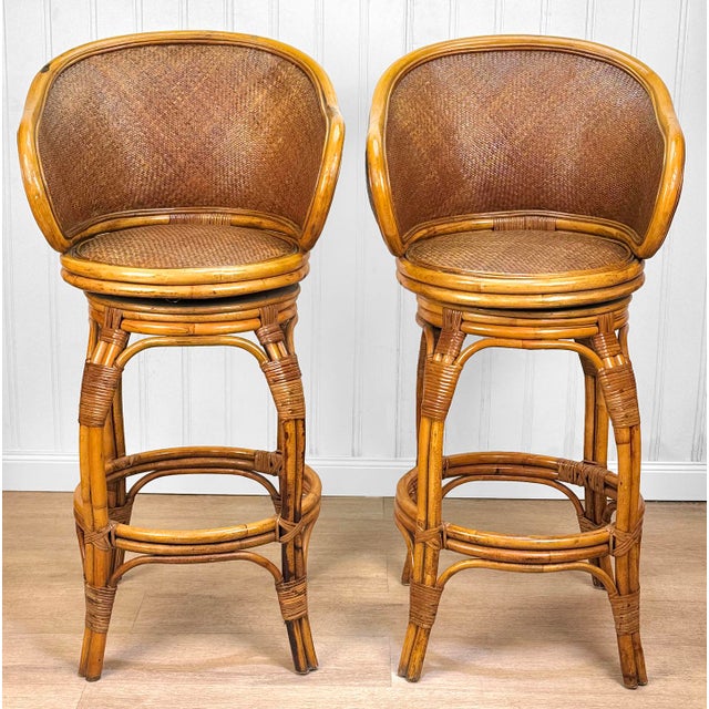 Vintage Coastal Rattan & Wicker Swivel Tiki Bar Stools - a Pair For Sale - Image 4 of 12