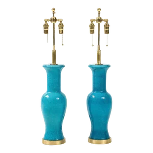 Cerulean Blue crackle Glazed Ceramic Lamps - a Pair