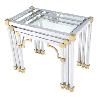 Set of 3 Chrome & Brass Glass Tops End Nesting Side Lamp Tables MINT For Sale