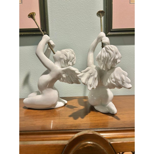 Vintage Department 56 “Winter Silhouettes” White Porcelain Angels With Brass Trumpets - A Pair For Sale - Image 4 of 9