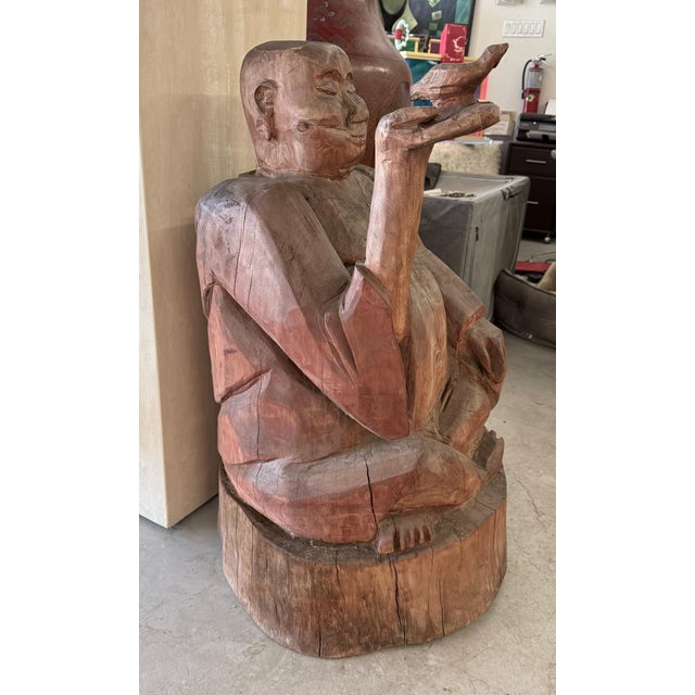 Wood Massive Carved Wood Buddha Holding a Bird For Sale - Image 7 of 12