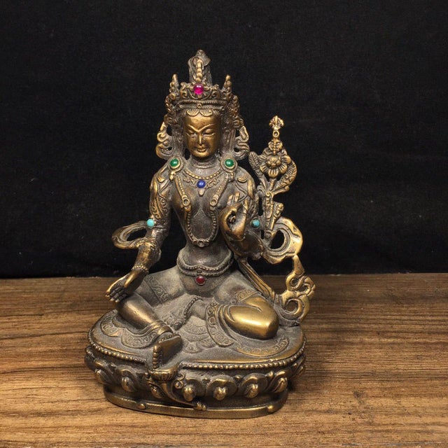Brass Brass Green Tara Statue With Inlaid Gemstones, Tibetan Buddhist Goddess For Sale - Image 8 of 9