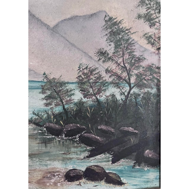 Antique American Folk Art Mountain Lake Landscape Oil Painting on Artist’s Board, C. 1900 For Sale - Image 10 of 12