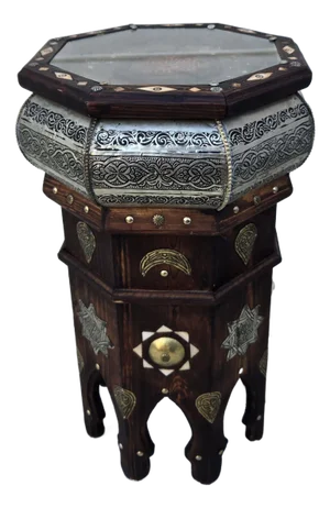 Moroccan Octagonal Traditional Metal Inlaid and Cedar Wood Side Table