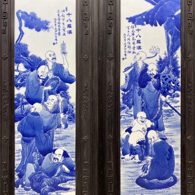 Monumental Set of 4 Antique Chinese Rosewood & Blue-and-White Porcelain Plaques Featuring the 18 Arhats For Sale In Los Angeles - Image 6 of 10