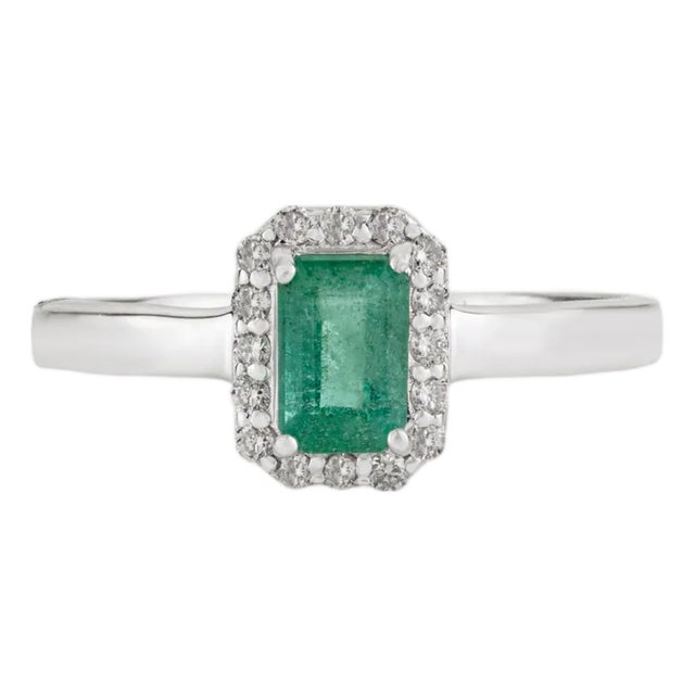Modern Inspired 0.56 Carat Emerald Diamond Halo Statement Ring, Size 7.5 For Sale