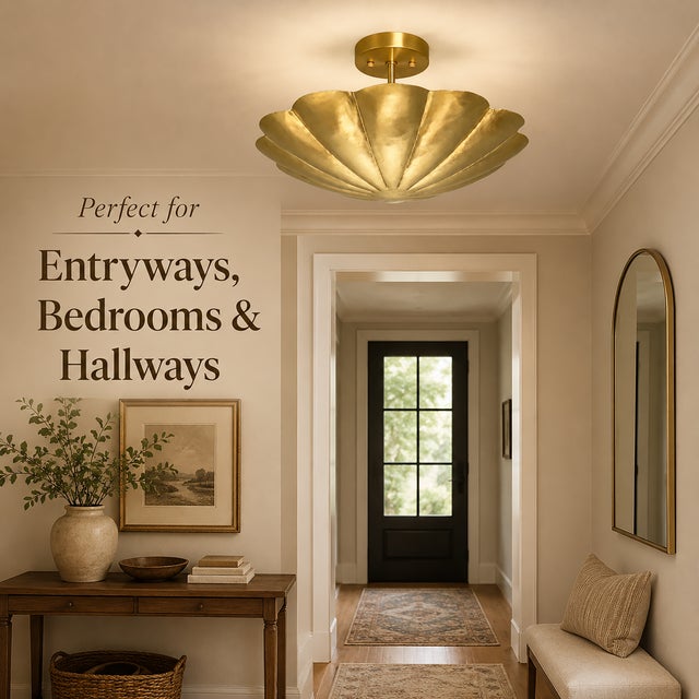 Scalloped Brass Semi Flush Mount Ceiling Light, Hand-Finished Art Deco Fixture For Sale - Image 4 of 10