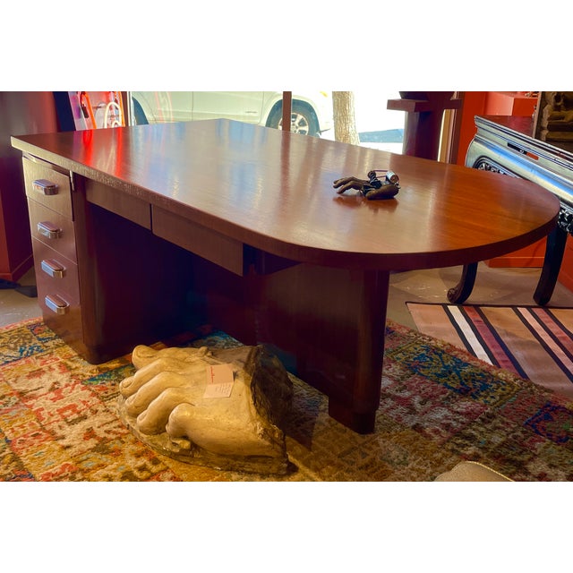 French Geometric Art Deco Rose Wood and Chrome Executive Desk W/ Bookshelves For Sale - Image 10 of 17