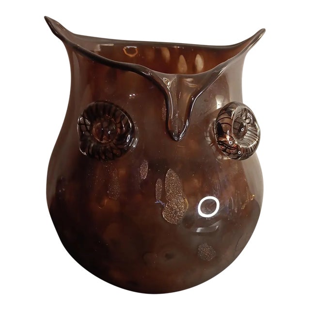 1980s Murano Style Art Glass With Copper Aventurine Owl Vase For Sale