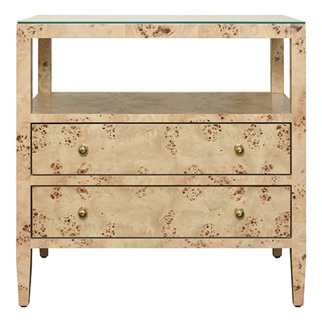 Matthew Izzo Home Douglas Burlwood Two Drawer Open Shelf End Table With Glass Top and Polished Brass Knobs For Sale