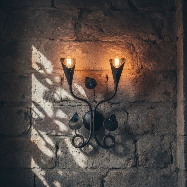 Hand-Forged Wrought Iron Double Wall Sconce (Sapphire Blue Jeweled Botanical Motif) Artistic Fixture For Sale - Image 4 of 5