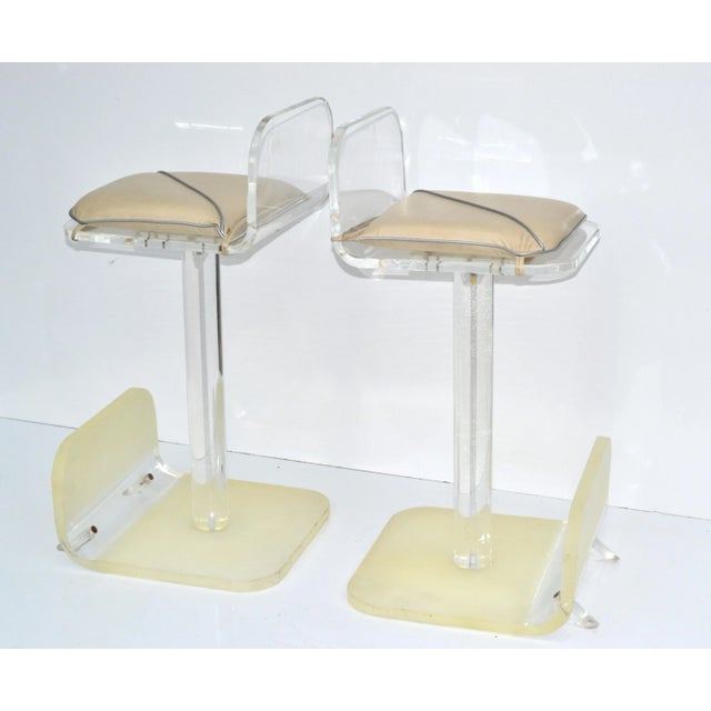 1980s Pair, Karl Springer Lucite Swivel & Tilt Function Bar Stools Mid-Century Modern For Sale - Image 5 of 13