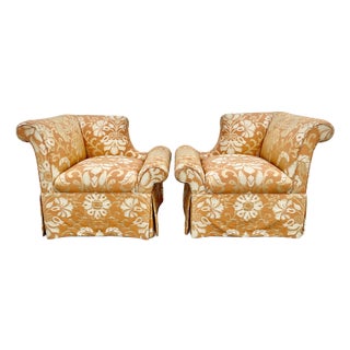 Pair of Orange Damask Upholstered Chairs From 80's For Sale