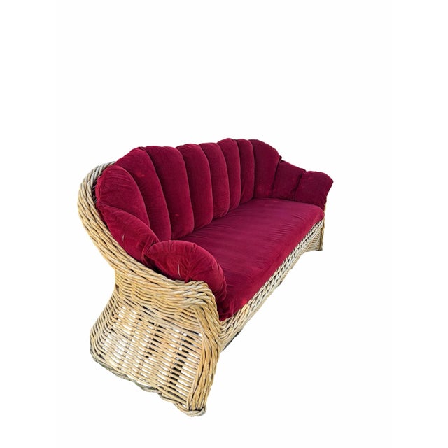 Coastal Vintage Coastal Wicker Sofa With Channel-Tufted Cranberry Cushions For Sale - Image 3 of 10
