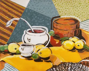Still Life in Yellow and Blue' by Vera Indenbaum, Post-Impressionist Oil, Woman Artist