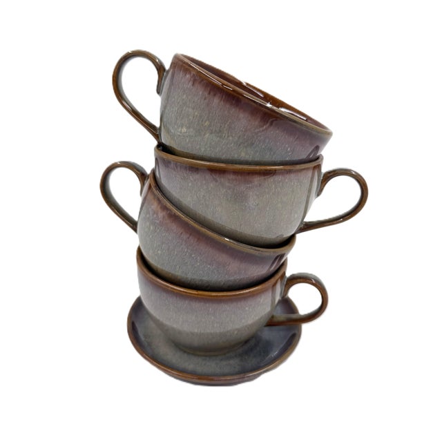 2020s Vietnamese Dual-Glaze Stoneware Ceramic Coffee Cups and Saucers With Spiral Motif - Set of 4 For Sale - Image 5 of 8
