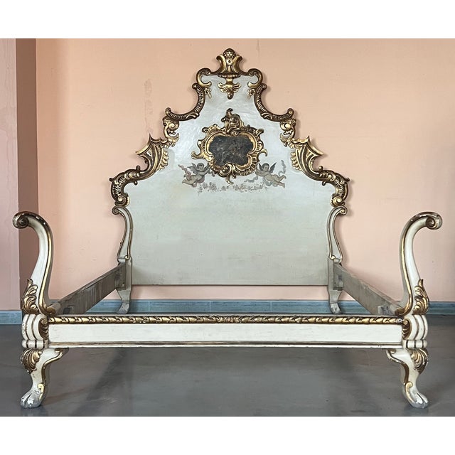 20th French Antique White and Giltwood Queen Bed with Original Painting We have matching nightstands Dimensions: Height:...