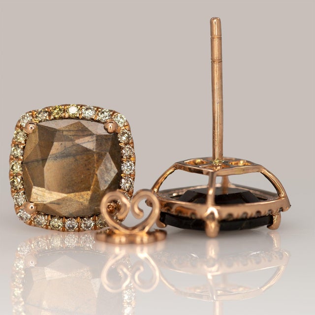 Metal Golden Sheen Sapphire Earrings With Natural Diamond Accents in Solid 14k Gold, Pair For Sale - Image 7 of 7