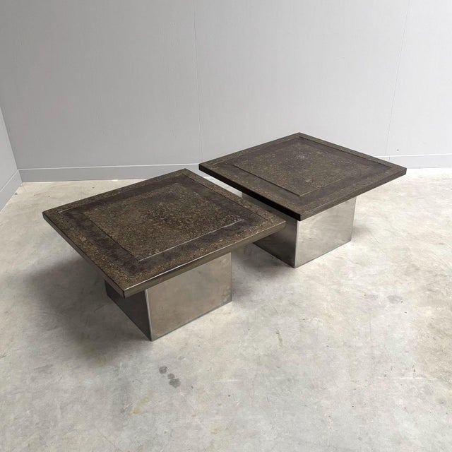 Set of 2 Peter Draenert Brutalist Stone Coffee Tables with Chrome Pedestal Base This piece has an attribution mark, I am...