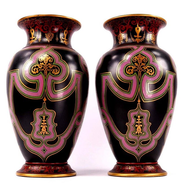 Enamelled Black Basalt Baluster Vases in the style of Christopher Dresser, Set of 2 For Sale - Image 3 of 17