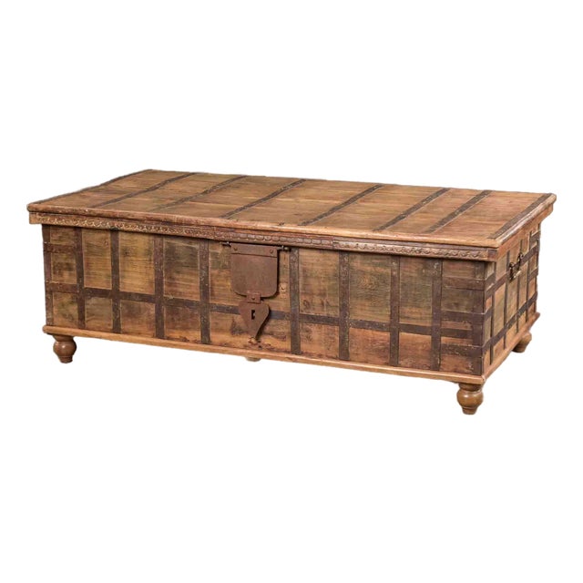 19th Century Large Anglo-Raj Iron-Bound Teak Trunk Table With Hinged Lid For Sale