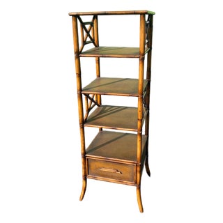 1990s Mitchell Gold Tagged Rattan Geometric Fretwork Bookshelf With Drawer For Sale