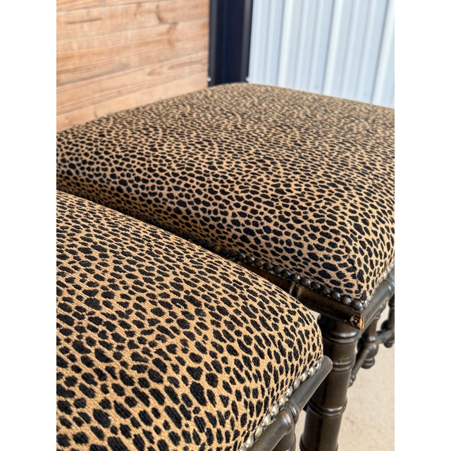 Chinoiserie Vintage Chinoiserie Faux Bamboo Fretwork Ottomans With Leopard Upholstery-Pair For Sale - Image 3 of 12