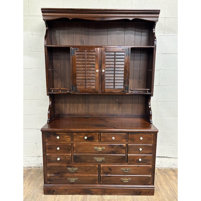 Traditional Vintage Ethan Allen Antiqued Pine Old Tavern CRP Dresser With Bookcase Hutch For Sale - Image 3 of 15