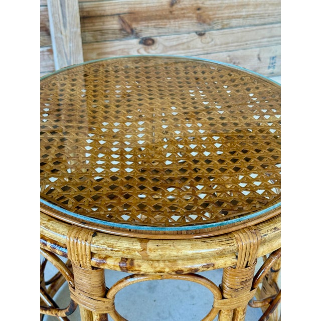 English Mid-20th Century Coastal Refinished Tortoise Rattan Cane Drum Side Table For Sale - Image 3 of 11