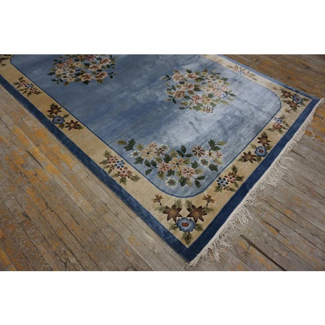 Textile 1980s Ligth Blue Floral Vintage Silk Chinese Art Deco Carpet 6'2" X 9' Handknotted Rug For Sale - Image 7 of 12
