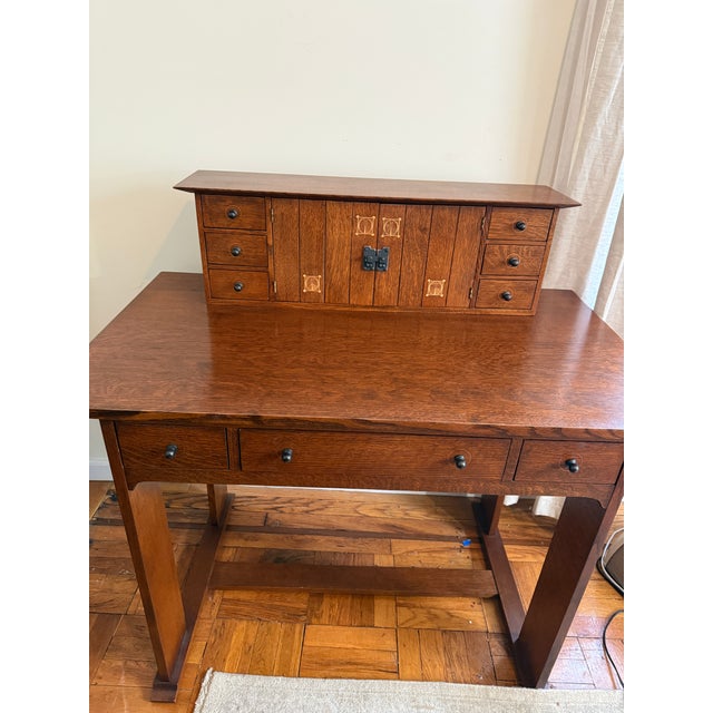 2010s Stickley Harvey Ellis Mission Oak Desk & Deck With Inlay For Sale - Image 5 of 5