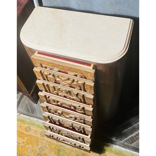 Italian Modern Sculptural Chest with Travertine Top & Eight Removable Velvet Jewelry Trays, c.1970 A sculptural work of...